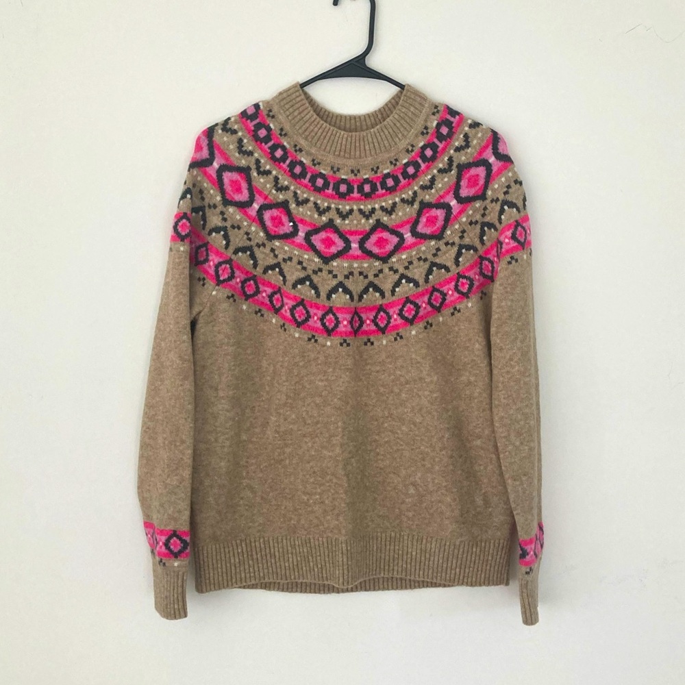 LOFT Brown Sweater with Pink Geometric Pattern Medium
